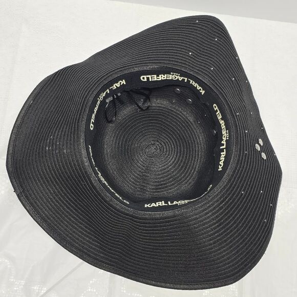 Karl Lagerfeld Black Straw Signature Pin Studs Paris Charm Embellished Sun Hat main image 7